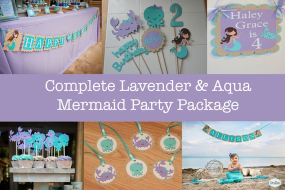 Mermaid Party Package, Mermaid Complete Birthday Party Package, mermaid birthday, aqua and lavender mermaid birthday, mermaid 1st Birthday, Il_570xn