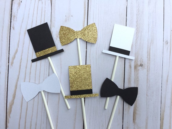 12 Bowtie Tophat Cupcake toppers, Little Man Baby Shower, Black and Gold 1st Birthday, Little Man Birthday, Mr Onederful Cupcake toppers Il_570xn