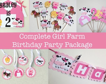 Complete Girl Farm Themed Birthday Package, Pink Farm Banner, Girl Farm Birthday package, Farm Birthday, Barnyard Birthday, Barnyard Party,