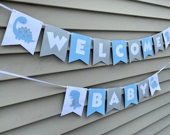 Banner de bienvenida para baby shower de dinosaurio, banner de bienvenida para bebé de dinosaurio, decoraciones para baby shower de niño, banner de bienvenida para baby shower de dinosaurio azul y gris