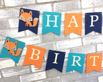 Estandarte de cumpleaños del bosque, estandarte del zorro, decoraciones de cumpleaños del bosque, estandarte del nombre del bosque, tema del bosque, decoraciones del baby shower del bosque