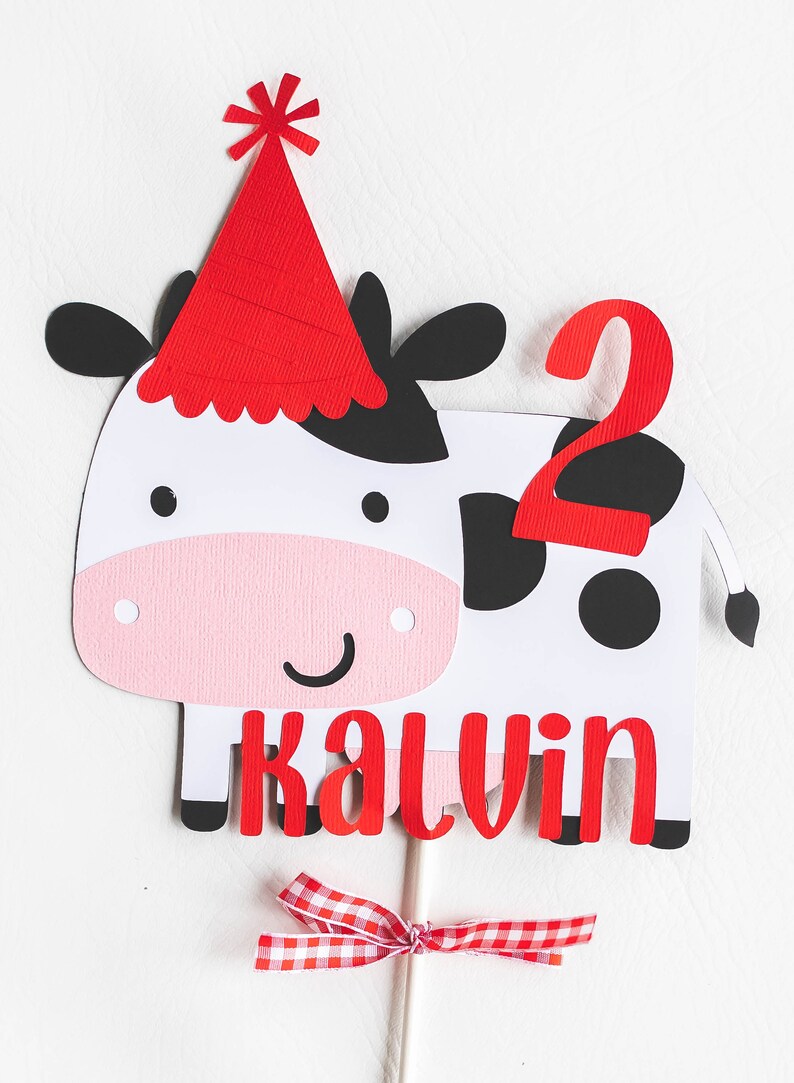 Cow Cake Topper with Party Hat Farm Birthday Barnyard