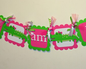 Girly Pink and Green Alligator I am 1 Highchair Banner, Alligator Birthday, First Birthday, Alligator Baby Shower, Baby Shower