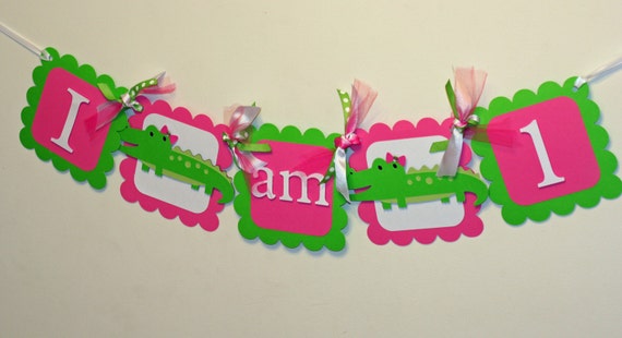 Girly Pink and Green Alligator I am 1 Highchair Banner, Alligator Birthday, First Birthday, Alligator Baby Shower, Baby Shower Il_570xn