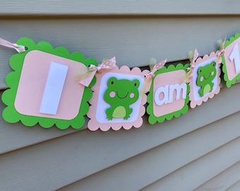 Girly Pink and Green Frog Highchair Banner, Frog I am 1 Banner, Frog 1st birthday Decoration, Pink Frog Highchair Banner