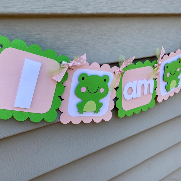 Girly Pink and Green Frog Highchair Banner, Frog I am 1 Banner, Frog 1st birthday Decoration, Pink Frog Highchair Banner