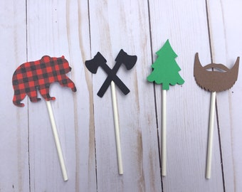 12 Lumberjack Cupcake toppers, Buffalo Plaid Cupcake Decorations, Lumberjack Cake, Lumberjack Birthday, Woodland Cupcake Toppers, Bear Tree