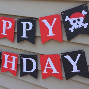 Pirate Birthday Banner, Pirate Happy Birthday Banner, Pirate Birthday Decorations, Pirate themed birthday decor, black and red pirate banner image 4