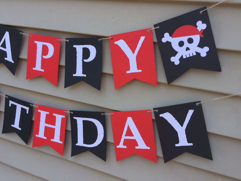 Pirate Birthday Banner, Pirate Happy Birthday Banner, Pirate Birthday Decorations, Pirate themed birthday decor, black and red pirate banner image 4