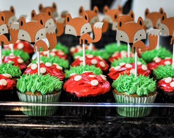 12 Fox Cupcake Toppers, Woodland Cupcake Toppers, Woodland Birthday decorations, Fox Birthday, First Birthday, Cupcake toppers, Fox Deer