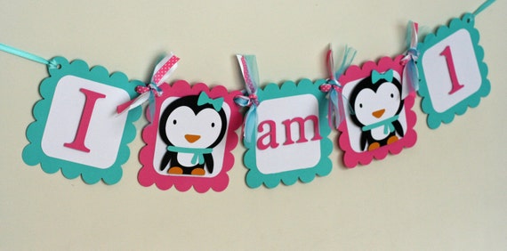 Penguin Banner, I am 1 Banner, First Birthday, Winter Onederland Banner, Penguin Birthday, I am One Banner, Penguin 1st Birthday, Highchair Il_570xn