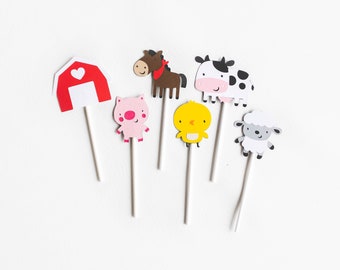 24 Farm Animal Cupcake Toppers, farm birthday, barnyard birthday, farm decor, first birthday, barnyard decor, paper goods, cow pig sheep