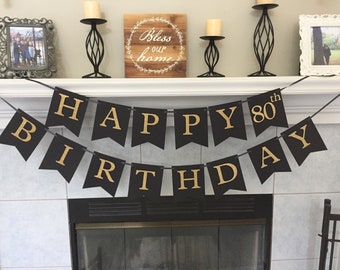 Happy Birthday Banner, Gold Birthday Banner, Black & Gold Birthday Banner, 40th Birthday, 50th Birthday, 80th Birthday Banner, Photo Prop