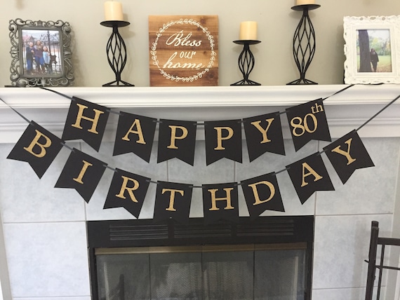 Happy Birthday Banner, Gold Birthday Banner, Black & Gold Birthday Banner, 40th Birthday, 50th Birthday, 80th Birthday Banner, Photo Prop Il_570xn