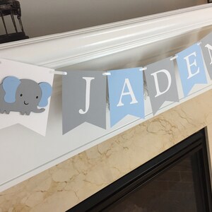 Elephant Name Banner, Elephant Banner, Baby Shower Banner, Blue and Grey Elephant Banner, Baby Sprinkle, Photo Prop, Boy Baby Shower Banner