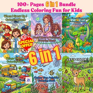 May include: A collection of six children's coloring books with vibrant illustrations. Titles include "When I Grow Up!", "Once Upon a Princess", and "My First Dinosaur Coloring Book". The bundle is labelled "6 in 1" and contains over 100 pages of colouring fun.