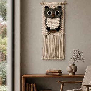 May include: A macrame wall hanging featuring a central owl design crafted from cream, dark green, brown, and black yarn. The owl has large circular eyes, a textured chest, and small wings. The piece hangs from a wooden dowel with long fringe.