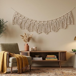 May include: A neutral-toned living room scene featuring a macrame wall hanging, a mustard-colored throw blanket, and a mid-century modern style chair. A gold lamp and a decorative olive tree add to the cozy aesthetic.