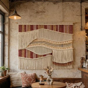 May include: A large rectangular macrame wall hanging featuring a layered design of cream-colored cord, horizontal rows of wooden beads, and sections of deep red and terracotta-colored woven fabric, all suspended from a horizontal wooden dowel rod.
