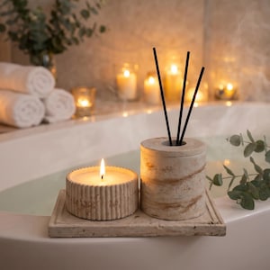 Juego de baño de hormigón, soporte para difusor de varillas, vela, bandeja de tocador, decoración de spa