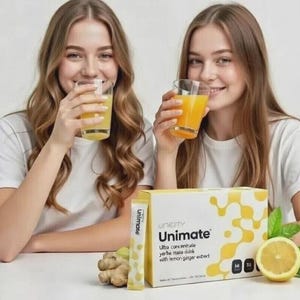 K&ouml;nnte beinhalten: Eine Packung Unimate Yerba-Mate-Getr&auml;nkekonzentrat mit Zitronen-Ingwer-Extrakt, ein einzelner Portionsbeutel, eine frische Ingwerwurzel und eine aufgeschnittene Zitrone. Zwei Gl&auml;ser mit gelber Fl&uuml;ssigkeit stehen hinter der Produktverpackung.