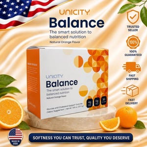 May include: A white and orange box of Unicity Balance dietary supplement drink mix with natural orange flavor. The packaging displays the text Balance, The smart solution to balanced nutrition, and a net weight of 7.85 oz (217.5 g) on the front.