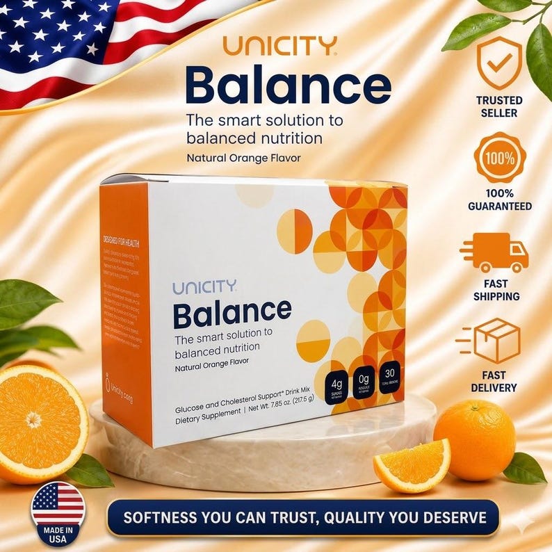 May include: A white and orange box of Unicity Balance dietary supplement drink mix with natural orange flavor. The packaging displays the text Balance, The smart solution to balanced nutrition, and a net weight of 7.85 oz (217.5 g) on the front.