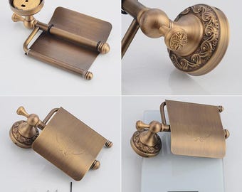 Antique Brass Toilet Paper Holder with Shelf, Vintage Wall-Mounted Tissue Dispenser