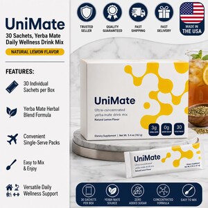 May include: A white box of UniMate ultra-concentrated yerba mate drink mix with yellow abstract graphics, containing 30 sachets. The box displays 3g yerba mate, 0g added sugar, and a net weight of 5.4 oz. A single matching sachet is placed in front.