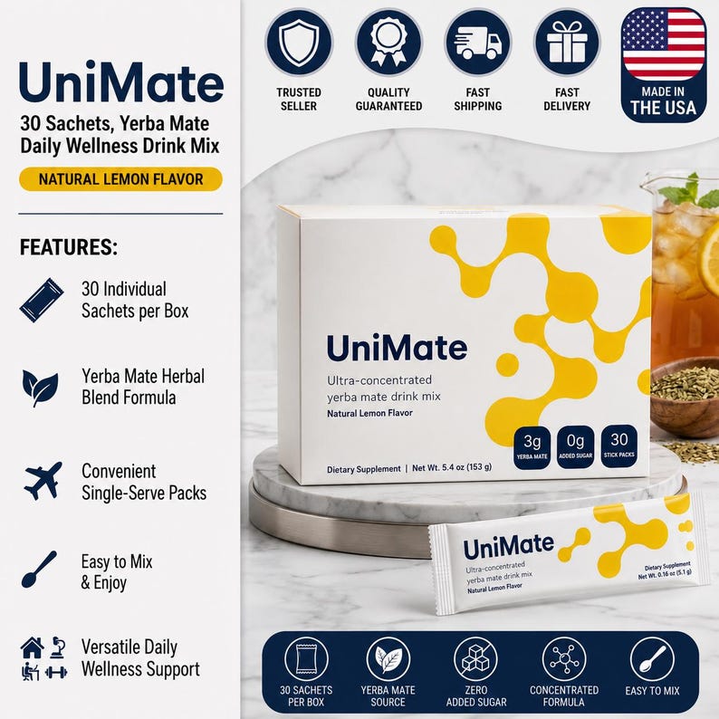 May include: A white box of UniMate ultra-concentrated yerba mate drink mix with yellow abstract graphics, containing 30 sachets. The box displays 3g yerba mate, 0g added sugar, and a net weight of 5.4 oz. A single matching sachet is placed in front.