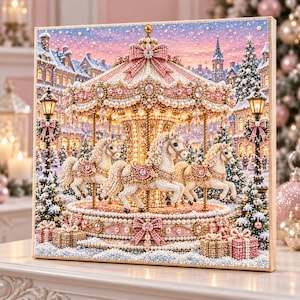 May include: A square diamond painting kit featuring a carousel with three white horses adorned with pink and white beads. The scene includes a snowy town square, two ornate street lamps, and wrapped gifts at the base of the carousel.