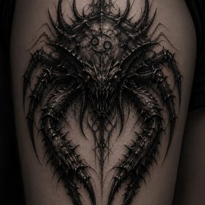Pode incluir: Tatuagem preta detalhada de uma criatura espinhosa semelhante a um inseto, com garras afiadas e um rosto ameaçador. O design apresenta sombreamento intrincado e uma composição simétrica, com um símbolo acima da cabeça da criatura.