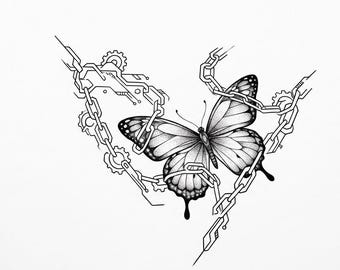 Diseño de tatuaje de mariposa musical / Arte de ondas sonoras de líneas finas (Descarga digital)