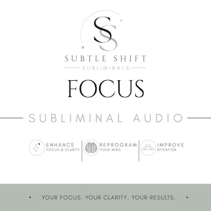 Puede incluir: Gráfico blanco con el texto "SUBTLE SHIFT" y "FOCUS". Debajo, iconos con las palabras "ENHANCE FOCUS & CLARITY", "REPROGRAM YOUR MIND" e "IMPROVE ATTENTION". El texto inferior dice "YOUR FOCUS. YOUR CLARITY. YOUR RESULTS."