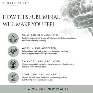 May include: A promotional graphic for Subtle Shift Subliminals. The image features a stylized brain illustration and text describing how the subliminal will make you feel: calm, worthy, balanced, and confident. The tagline reads: New Mindset. New Reality.