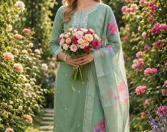 Ensemble Salwar Kameez pakistanais | Dupatta fleuri, tenue brodée pour femme, idéale pour les fêtes de l'Aïd