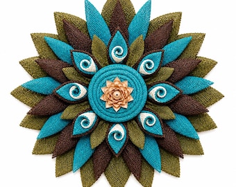 Turquoise Burlap Flower Wreath, Cottage Wall Decor, Handmade Floral Art