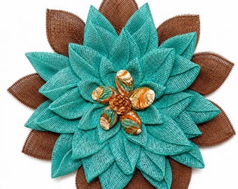 Teal Burlap Flower Wreath, Seashell Coastal Door Hanger, Beach Decor