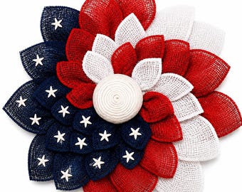 Handmade Patriotic Flower Wreath, Americana Coastal Decor, Red White Blue Stars (Wall Hanging)