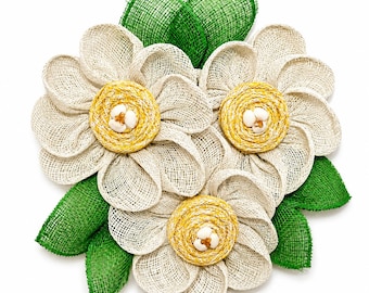 Seashell Daisy Floral Wreath, Coastal Ivory Burlap Wall Decor