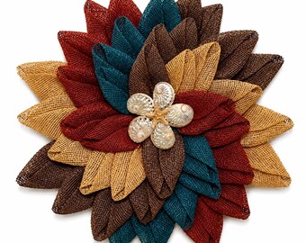 Large Mesh Flower Wreath, Seashell Starfish Wreath Door Hanger, Burlap Flower Wreath, Entryway Wall Decor
