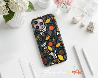 Mid Century Modern Floral Phone Case, Boho Botanical iPhone 15 14 13 Pro Max Cover, Folk Art Bird Case for Galaxy S24 S23, Artsy Gift
