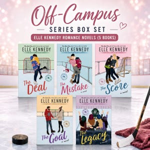 May include: A five-book box set of Off-Campus romance novels by Elle Kennedy. The set includes The Deal, The Mistake, The Score, The Goal, and The Legacy. Each book cover features illustrated characters in hockey-themed settings with titles in script.