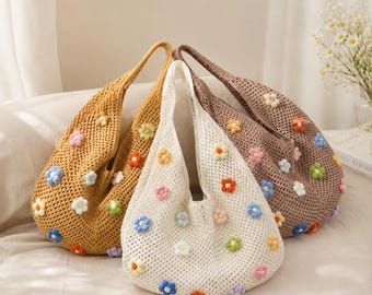 Bolso tote de ganchillo estilo bohemio con flores coloridas – Bolso de hombro de algodón hecho a mano para verano