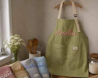 Personalized Name Apron, Custom Striped Kitchen Apron, Knitted Name Apron, Baking Gift for Mom, Housewarming Gift