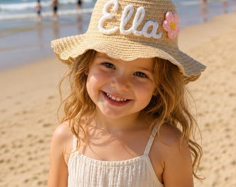 Sombrero de sol infantil personalizado, nombre bordado a medida, gorra de playa de ala ancha para verano.