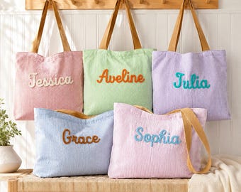 Bolso de mano de seersucker personalizado, bolso de playa con nombre bordado a medida, regalo para damas de honor