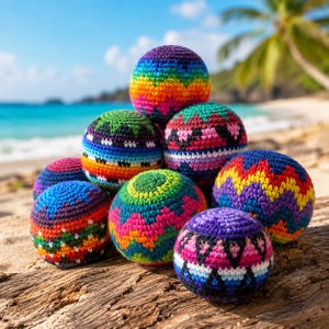 May include: A collection of colorful, crocheted balls in various patterns and colors, including rainbow, green, and purple. The balls are stacked on a piece of driftwood, with a beach and ocean in the background.