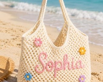 Bolso de playa personalizado / Nombre personalizado / Vacaciones de verano / Ganchillo hecho a mano / Regalo para ella