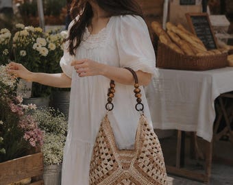Bolso hobo de paja de ganchillo, bolso de hombro estilo boho para la playa, bolso de verano de rafia, asa de cuentas de madera.
